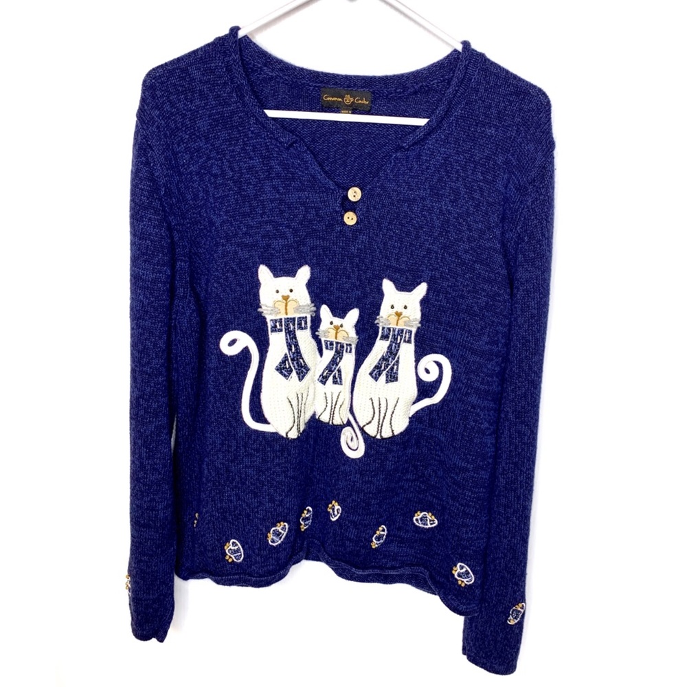 Cinnamon & Cinder Blue Cat Sweater XL | Cozy Whimsical Knit Pullover